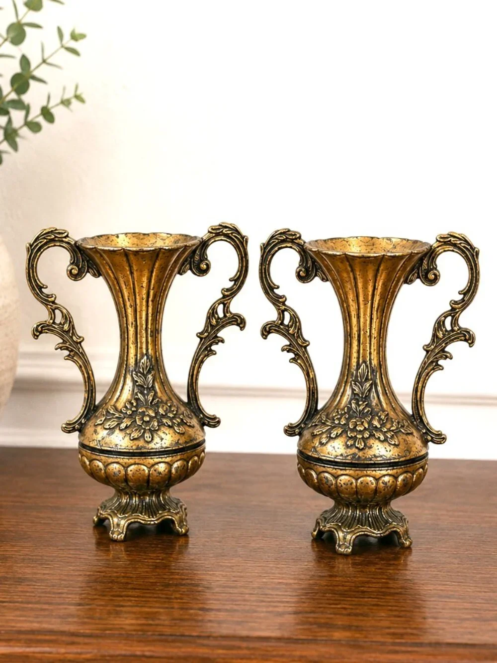 Vintage Made in Italy Ornate Gold Tone Double Handle Vases Set of 2